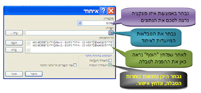 מרכיבי מסך איחוד נתונים ב-Excel