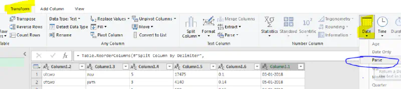 בלשונית Transform נלחץ על כפתור Date ואז נבחר Parse