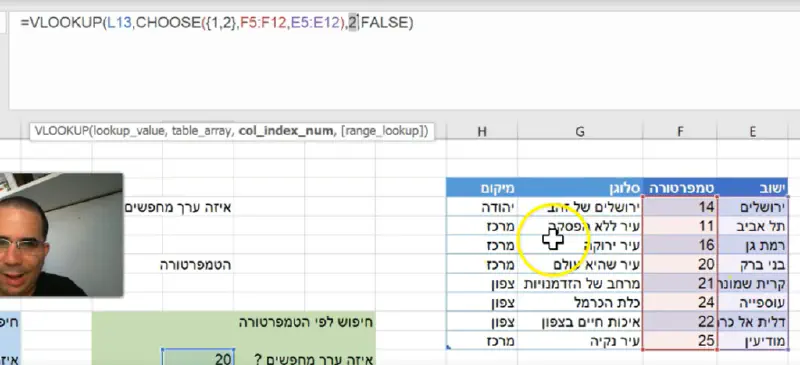 נוסחת VLOOKUP לפי עמודה שאינה הראשונה, מבוססת על פונקציית CHOOSE שיוצרת טבלה בזיכרון