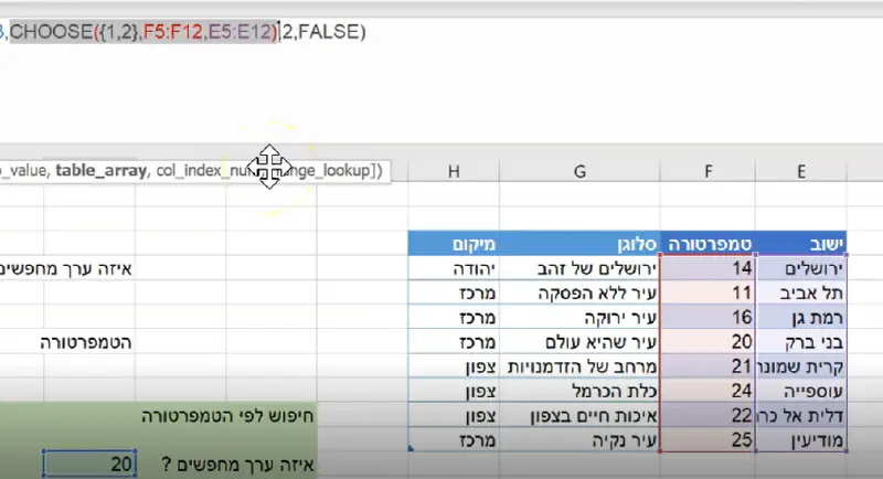 נוסחת CHOOSE עבור VLOOKUP