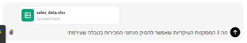 לשאול את ChatGPT מה המסקנות העיקריות שאפשר להסיק מתוך קובץ אקסל.