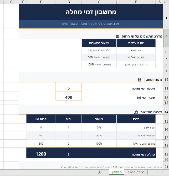 צילום מסך - דמי מחלה באקסל